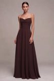 Dark Coffee Strapless Long A-Line Ruched Formal Dress