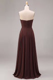 Dark Coffee Strapless Long A-Line Ruched Formal Dress