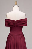 Burgundy Corset Off the Shoulder Long A-Line Ruched Formal Dress