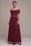 Burgundy Corset Off the Shoulder Long A-Line Ruched Formal Dress