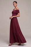 Burgundy Corset Off the Shoulder Long A-Line Ruched Formal Dress