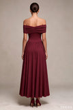 Burgundy Corset Off the Shoulder Long A-Line Ruched Formal Dress