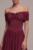 Burgundy Corset Off the Shoulder Long A-Line Ruched Formal Dress