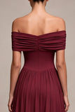 Burgundy Corset Off the Shoulder Long A-Line Ruched Formal Dress