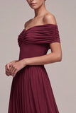 Burgundy Corset Off the Shoulder Long A-Line Ruched Formal Dress