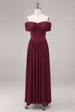 Burgundy Corset Off the Shoulder Long A-Line Ruched Formal Dress