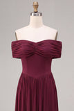 Burgundy Corset Off the Shoulder Long A-Line Ruched Formal Dress