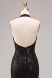 Sparkly Sequins Black Halter Mermaid Long Formal Dress