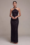 Sparkly Sequins Black Halter Mermaid Long Formal Dress
