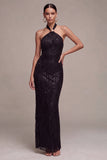 Sparkly Sequins Black Halter Mermaid Long Formal Dress