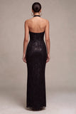 Sparkly Sequins Black Halter Mermaid Long Formal Dress