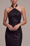 Sparkly Sequins Black Halter Mermaid Long Formal Dress