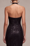 Sparkly Sequins Black Halter Mermaid Long Formal Dress