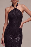 Sparkly Sequins Black Halter Mermaid Long Formal Dress