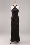 Sparkly Sequins Black Halter Mermaid Long Formal Dress