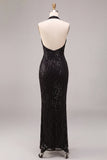 Sparkly Sequins Black Halter Mermaid Long Formal Dress