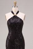 Sparkly Sequins Black Halter Mermaid Long Formal Dress