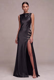 Olive Boat Neck Satin Mermaid Long Formal Dress with Slit