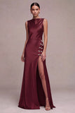 Olive Boat Neck Satin Mermaid Long Formal Dress with Slit