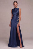 Olive Boat Neck Satin Mermaid Long Formal Dress with Slit