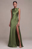 Olive Boat Neck Satin Mermaid Long Formal Dress with Slit