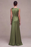 Olive Boat Neck Satin Mermaid Long Formal Dress with Slit