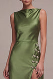 Olive Boat Neck Satin Mermaid Long Formal Dress with Slit