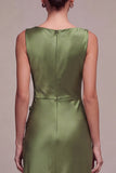 Olive Boat Neck Satin Mermaid Long Formal Dress with Slit
