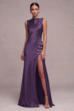 Olive Boat Neck Satin Mermaid Long Formal Dress with Slit