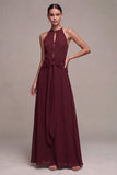 Burgundy Round Neck Keyhole A-Line Long Formal Dress with Sash