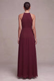 Burgundy Round Neck Keyhole A-Line Long Formal Dress with Sash
