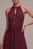 Burgundy Round Neck Keyhole A-Line Long Formal Dress with Sash