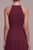 Burgundy Round Neck Keyhole A-Line Long Formal Dress with Sash