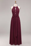 Burgundy Round Neck Keyhole A-Line Long Formal Dress with Sash