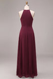 Burgundy Round Neck Keyhole A-Line Long Formal Dress with Sash