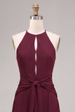 Burgundy Round Neck Keyhole A-Line Long Formal Dress with Sash