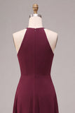 Burgundy Round Neck Keyhole A-Line Long Formal Dress with Sash