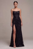 Sparkly Sequins Black Strapless Mermaid Long Formal Dress with Slit
