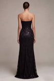 Sparkly Sequins Black Strapless Mermaid Long Formal Dress with Slit
