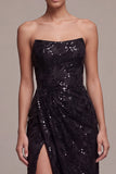 Sparkly Sequins Black Strapless Mermaid Long Formal Dress with Slit