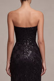 Sparkly Sequins Black Strapless Mermaid Long Formal Dress with Slit