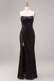 Sparkly Sequins Black Strapless Mermaid Long Formal Dress with Slit