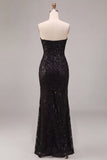 Sparkly Sequins Black Strapless Mermaid Long Formal Dress with Slit