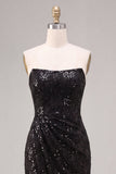Sparkly Sequins Black Strapless Mermaid Long Formal Dress with Slit