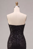 Sparkly Sequins Black Strapless Mermaid Long Formal Dress with Slit