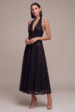 Black Floral Sparkly Sequins Halter A-Line Long Formal Dress