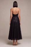 Black Floral Sparkly Sequins Halter A-Line Long Formal Dress