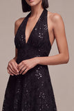 Black Floral Sparkly Sequins Halter A-Line Long Formal Dress