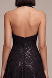 Black Floral Sparkly Sequins Halter A-Line Long Formal Dress