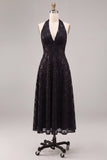 Black Floral Sparkly Sequins Halter A-Line Long Formal Dress